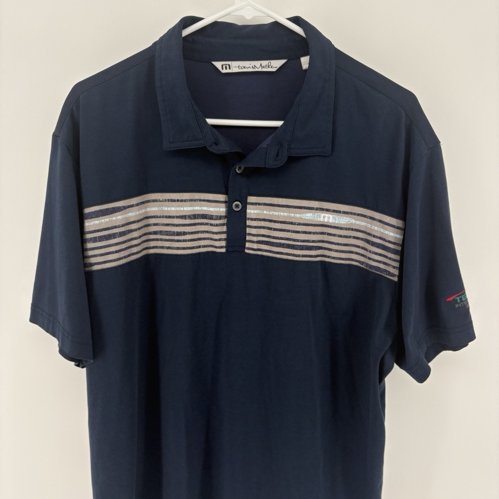 Travis Mathew Golf Polo Shirt Mens XL Navy Blue Striped Performance Tech